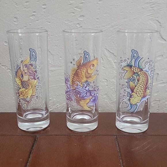 Ed Hardy MERMAIDS & KOI FISH Tall Shooter Glasses, Christian Audigier, Set of 3